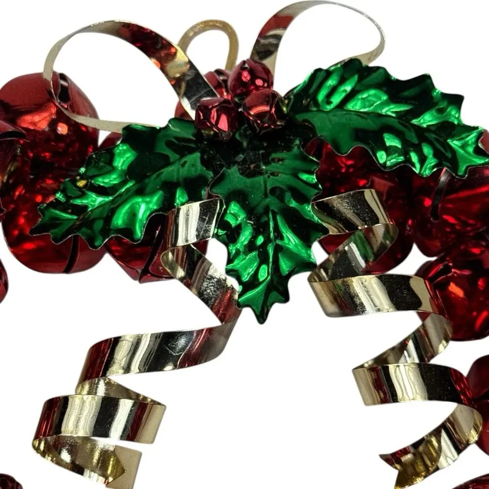 Vintage Red Jingle Bell Wreath Metal Ribbon Holly Leaves Berries 10” Christmas